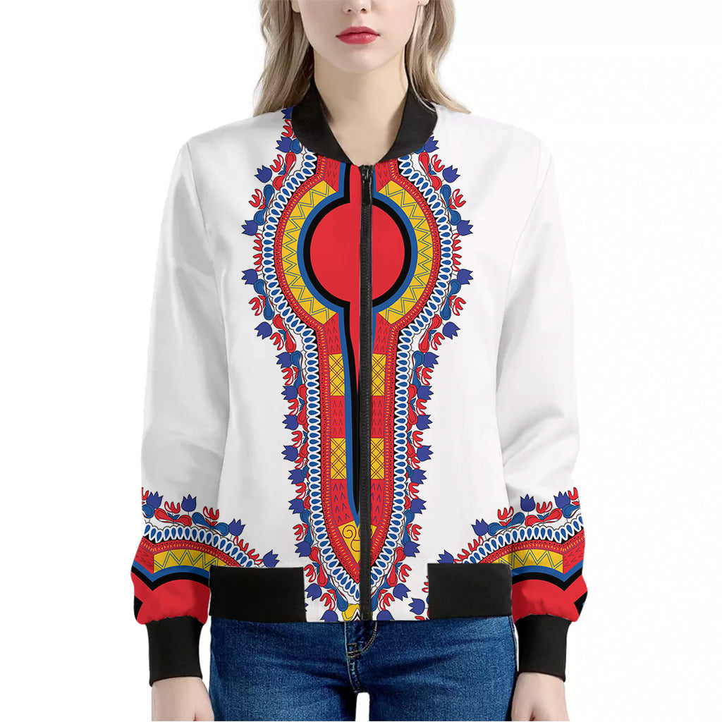 Red And White African Dashiki Print Women's Bomber Jacket