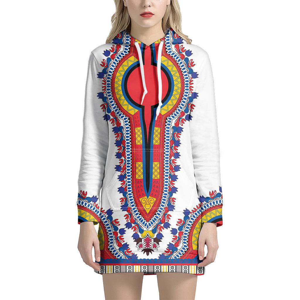 Red And White African Dashiki Print Women's Pullover Hoodie Dress