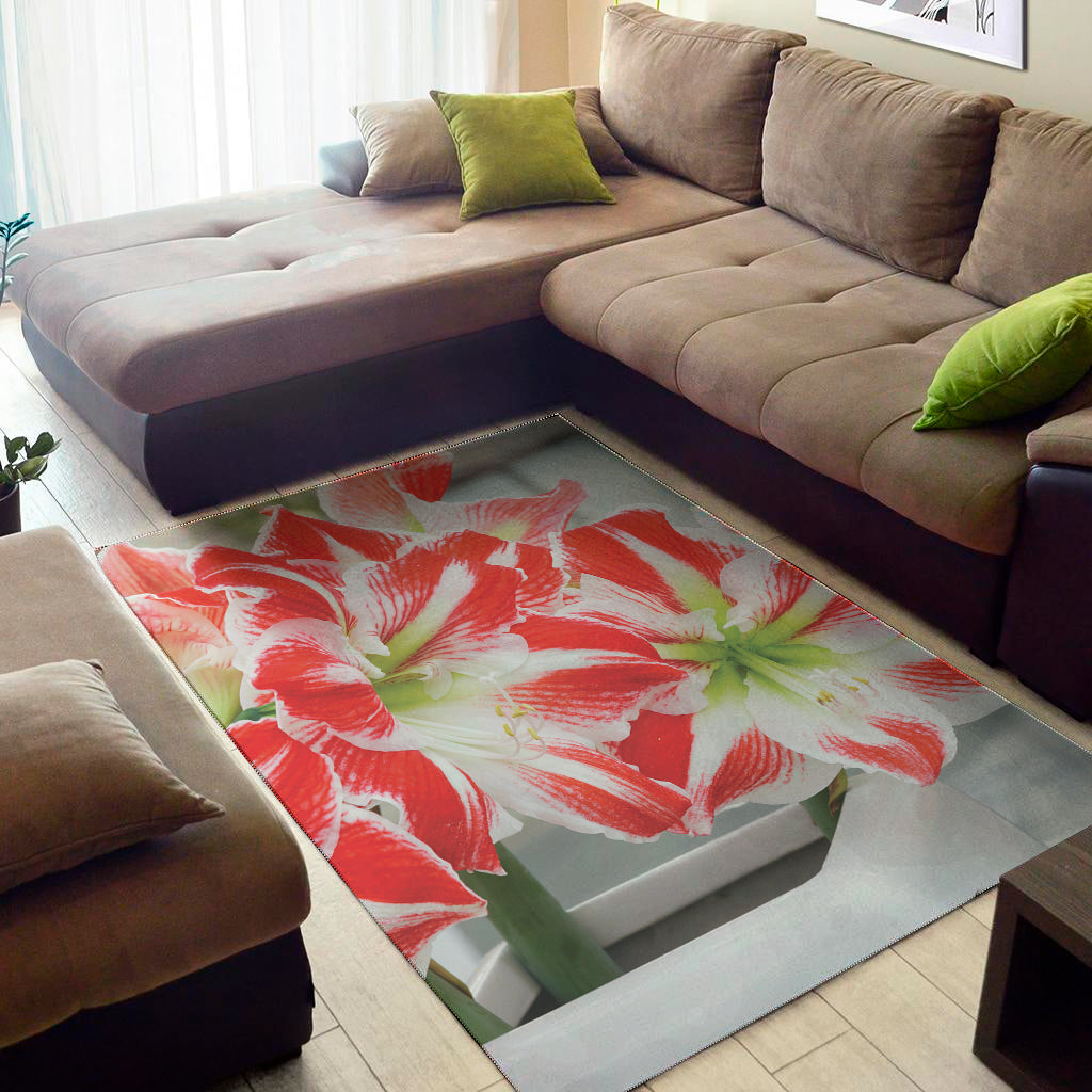 Red And White Amaryllis Print Area Rug