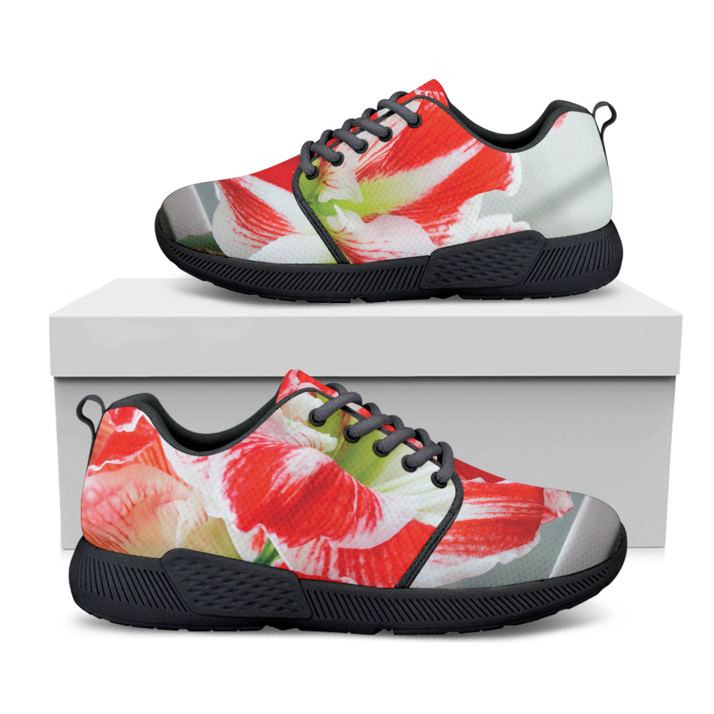 Red And White Amaryllis Print Black Athletic Shoes