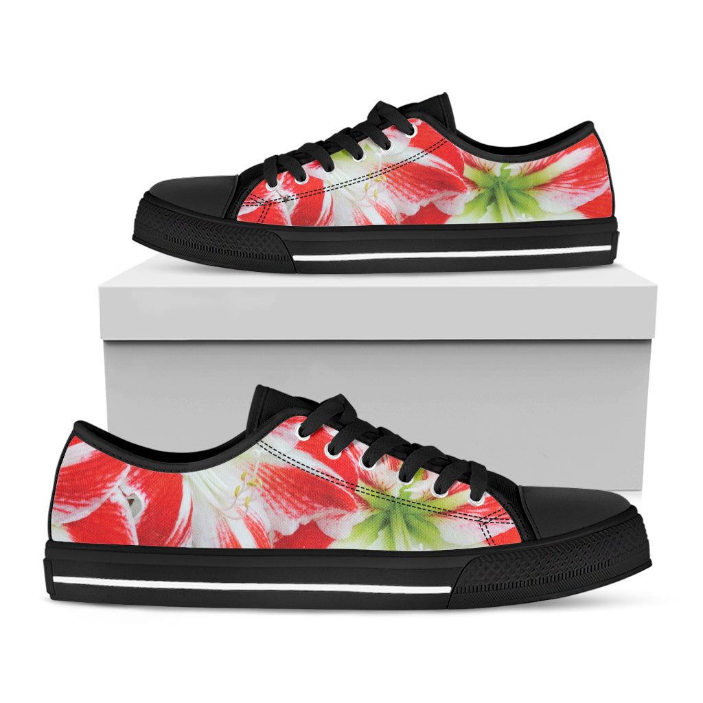 Red And White Amaryllis Print Black Low Top Shoes