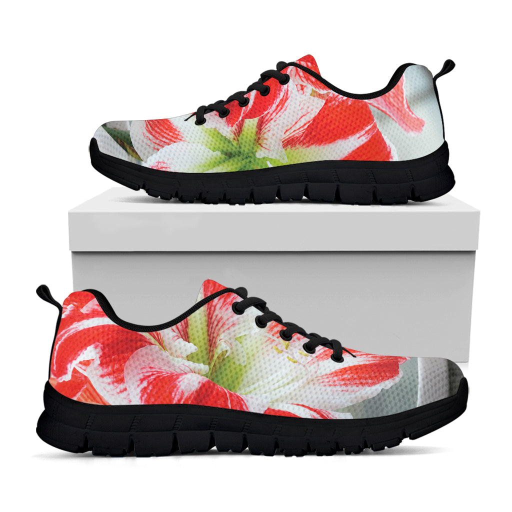 Red And White Amaryllis Print Black Sneakers