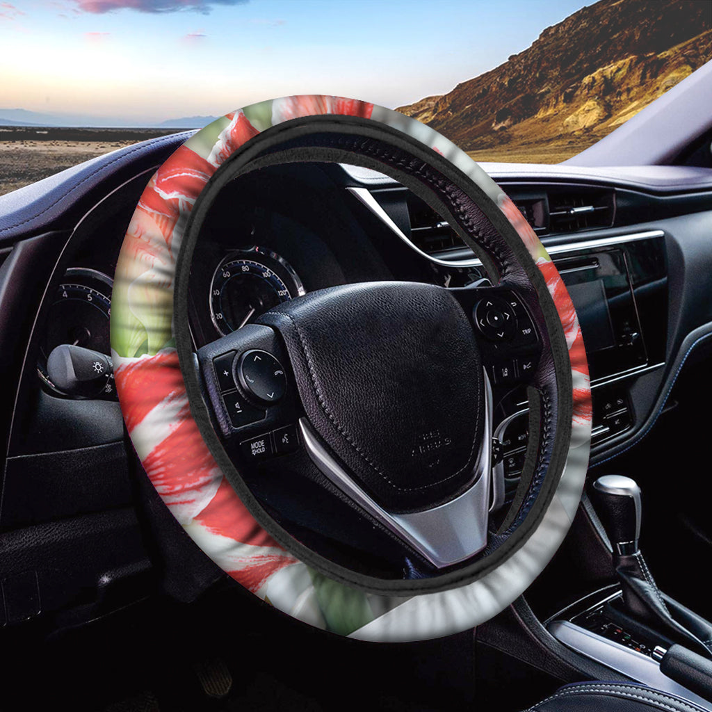 Red And White Amaryllis Print Car Steering Wheel Cover