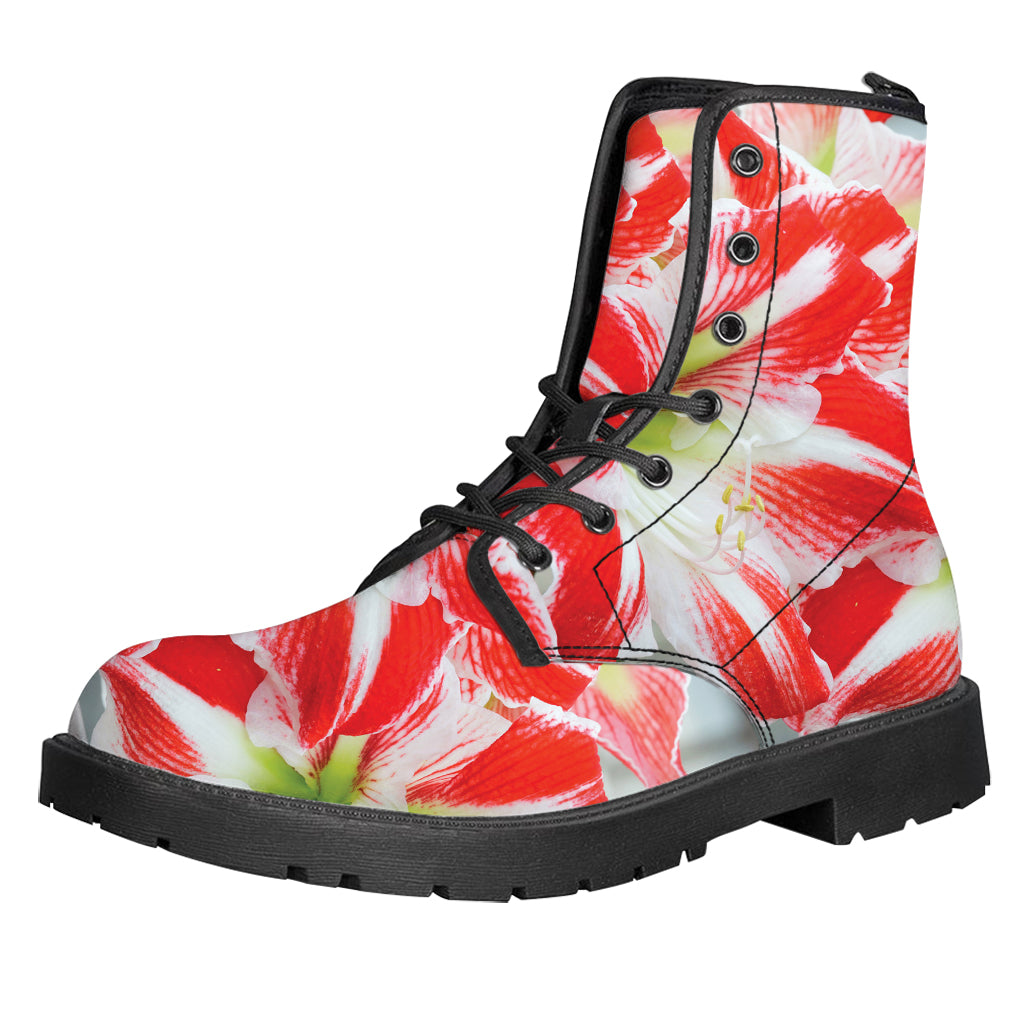 Red And White Amaryllis Print Leather Boots