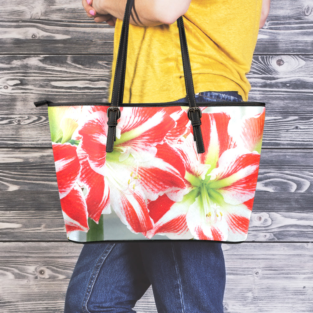 Red And White Amaryllis Print Leather Tote Bag