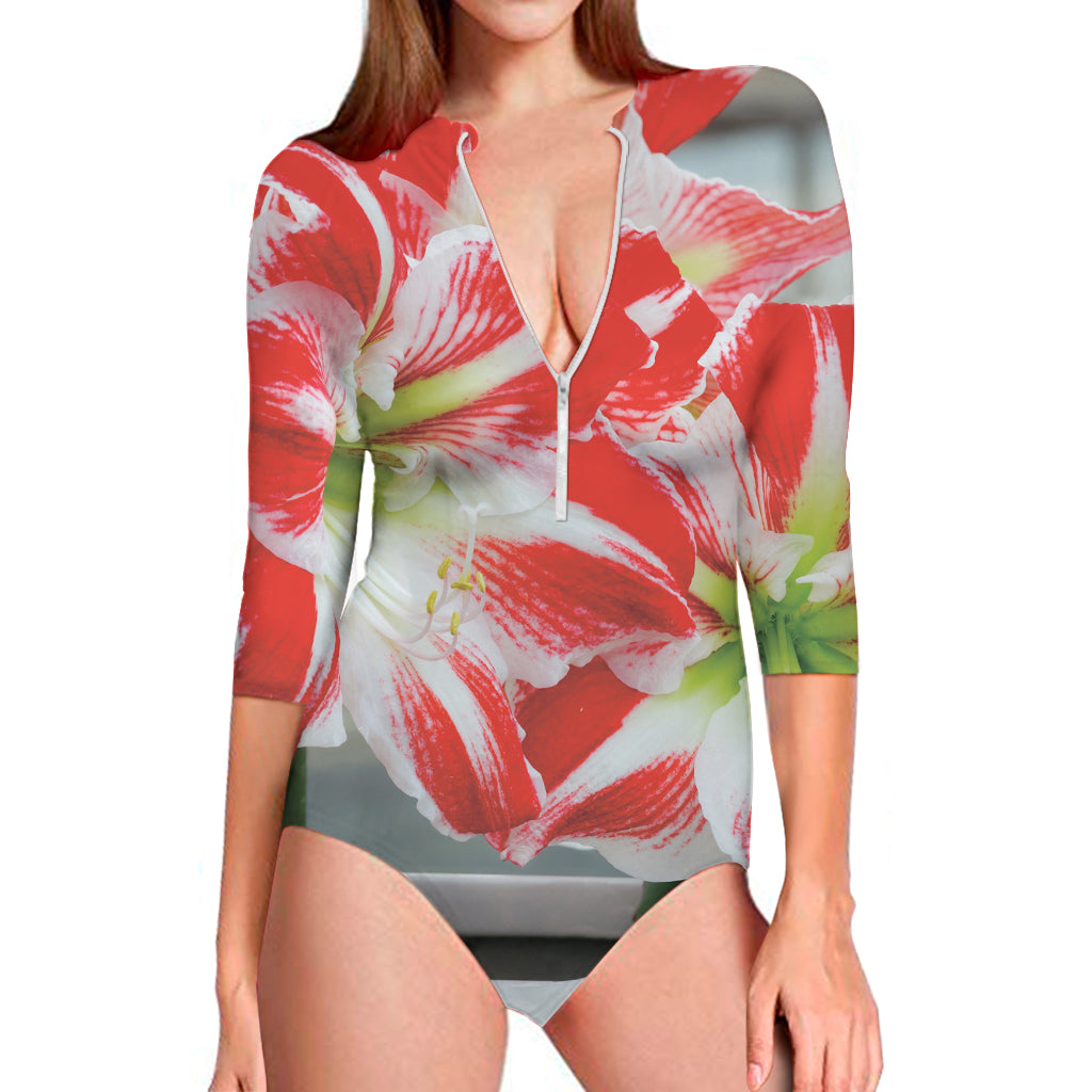 Red And White Amaryllis Print Long Sleeve One Piece Swimsuit