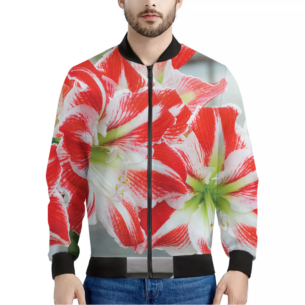 Red And White Amaryllis Print Men's Bomber Jacket