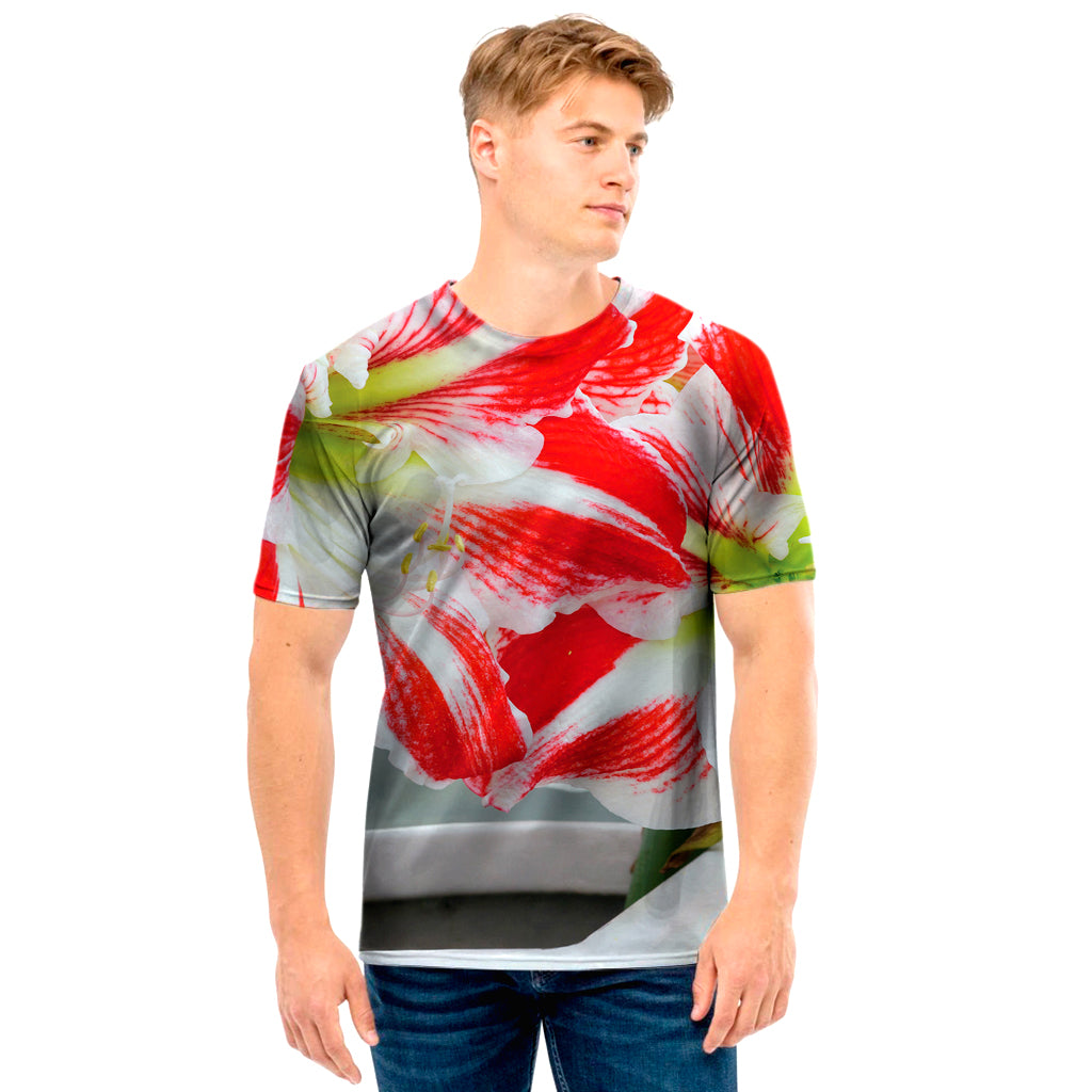 Red And White Amaryllis Print Men's T-Shirt