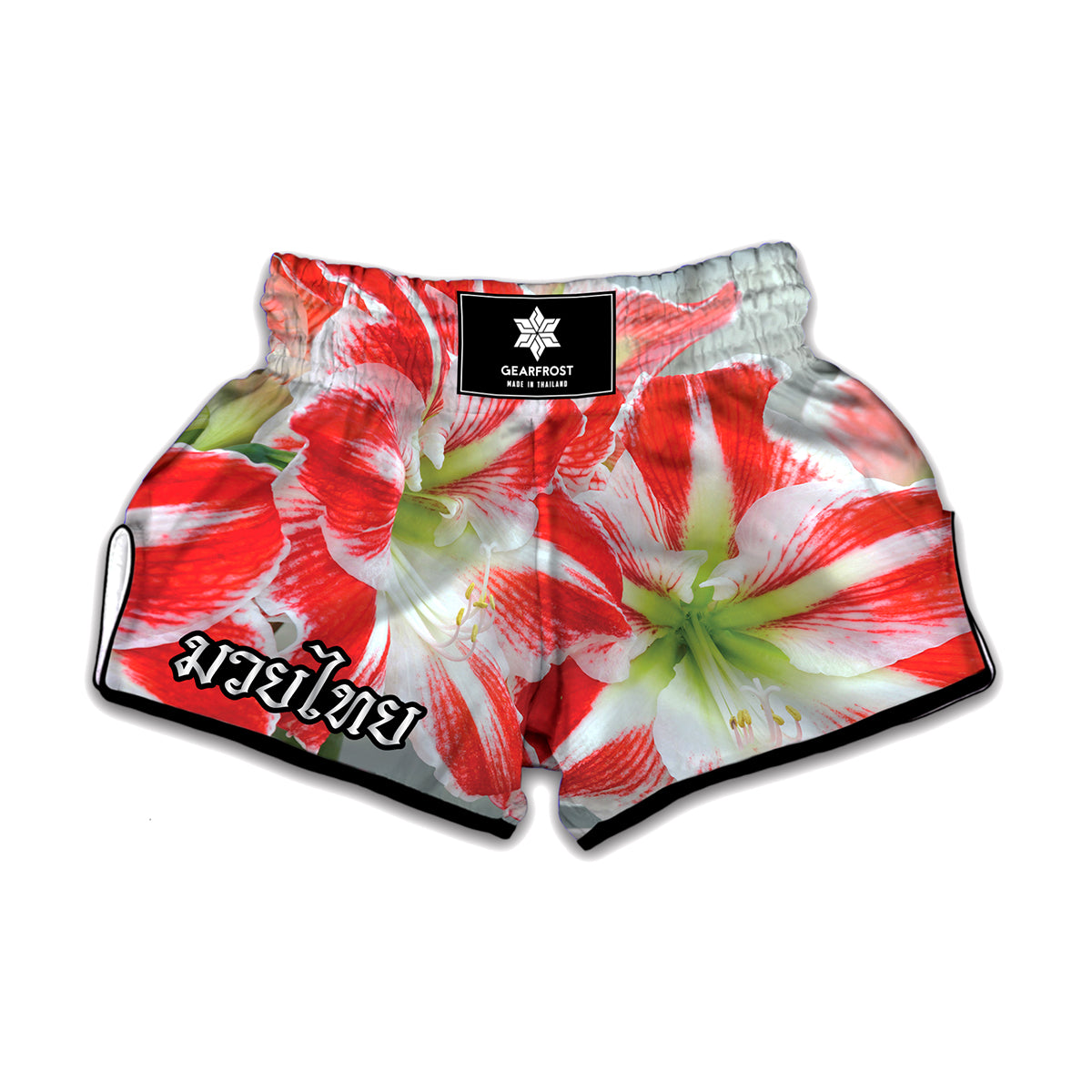 Red And White Amaryllis Print Muay Thai Boxing Shorts