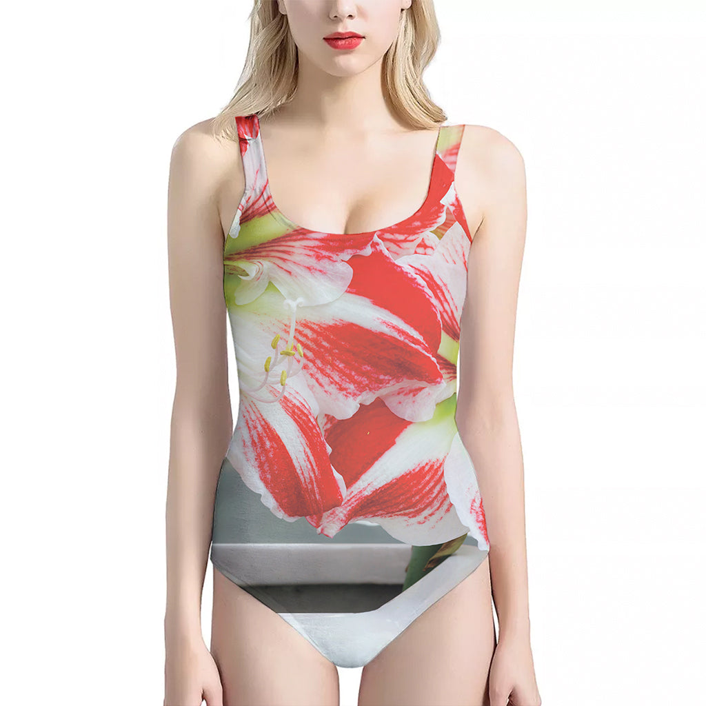 Red And White Amaryllis Print One Piece Halter Neck Swimsuit