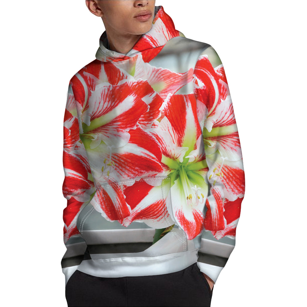 Red And White Amaryllis Print Pullover Hoodie