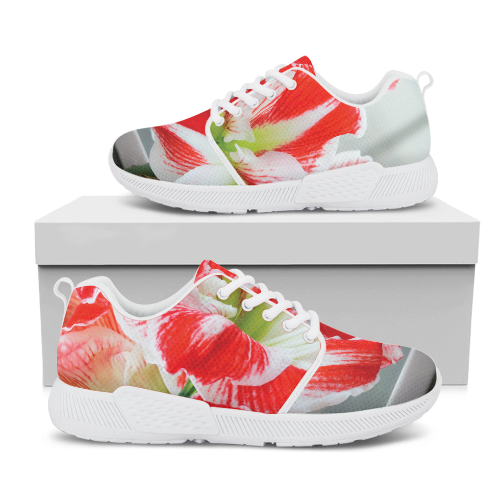 Red And White Amaryllis Print White Athletic Shoes