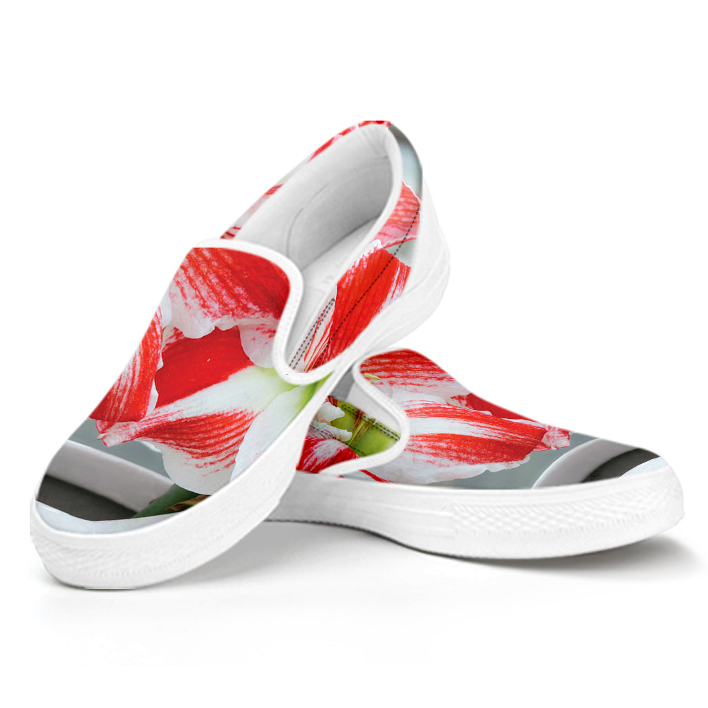 Red And White Amaryllis Print White Slip On Shoes