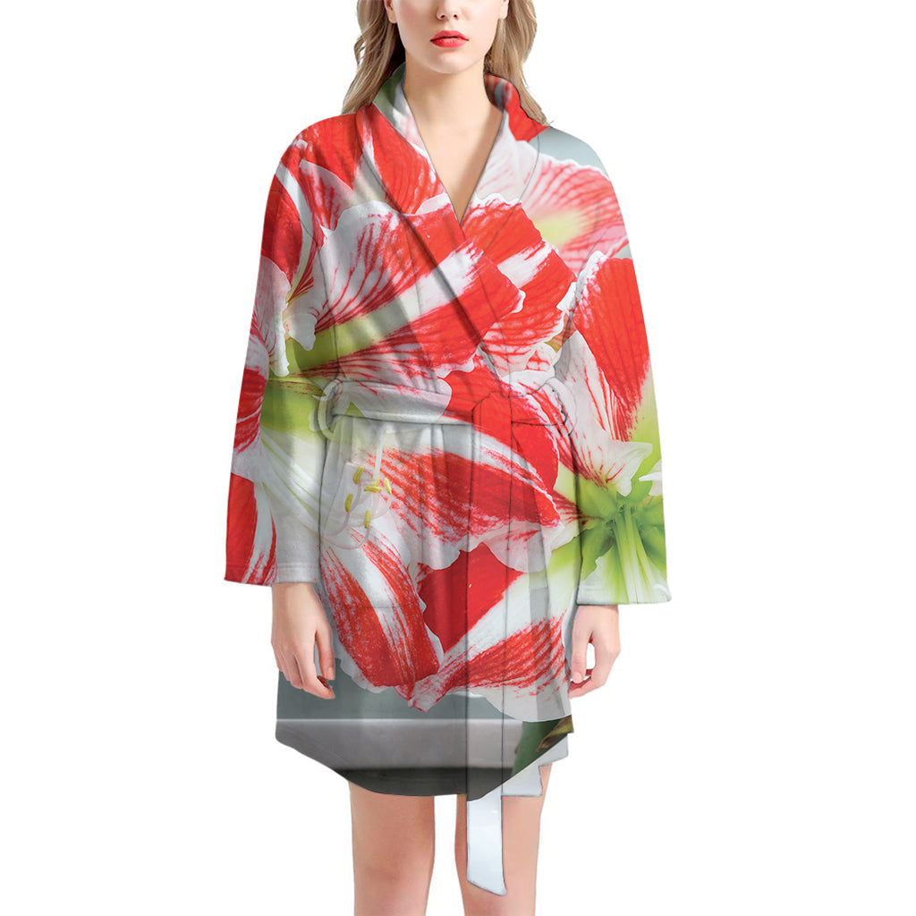 Red And White Amaryllis Print Women's Bathrobe