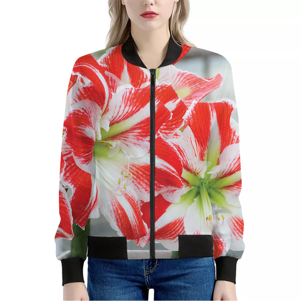 Red And White Amaryllis Print Women's Bomber Jacket