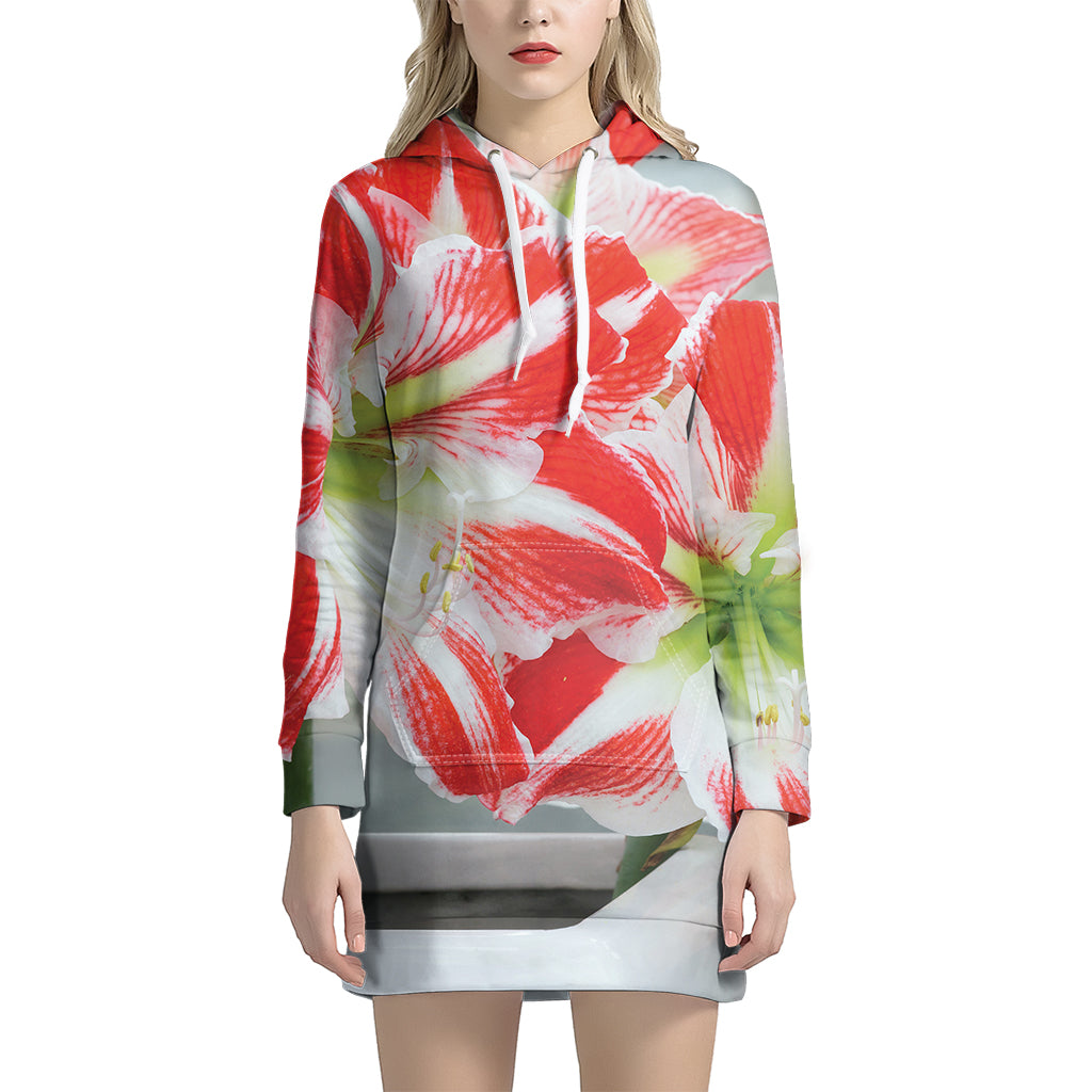 Red And White Amaryllis Print Women's Pullover Hoodie Dress