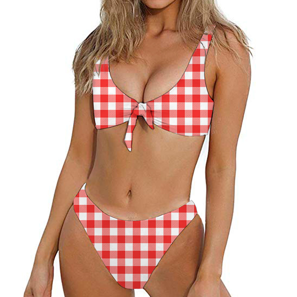 Red And White Buffalo Check Print Front Bow Tie Bikini