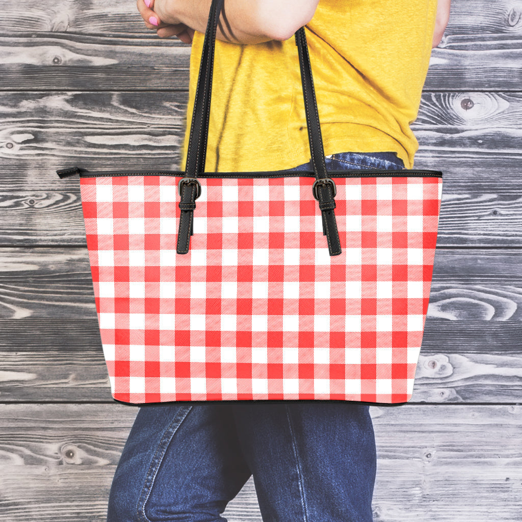 Red And White Buffalo Check Print Leather Tote Bag