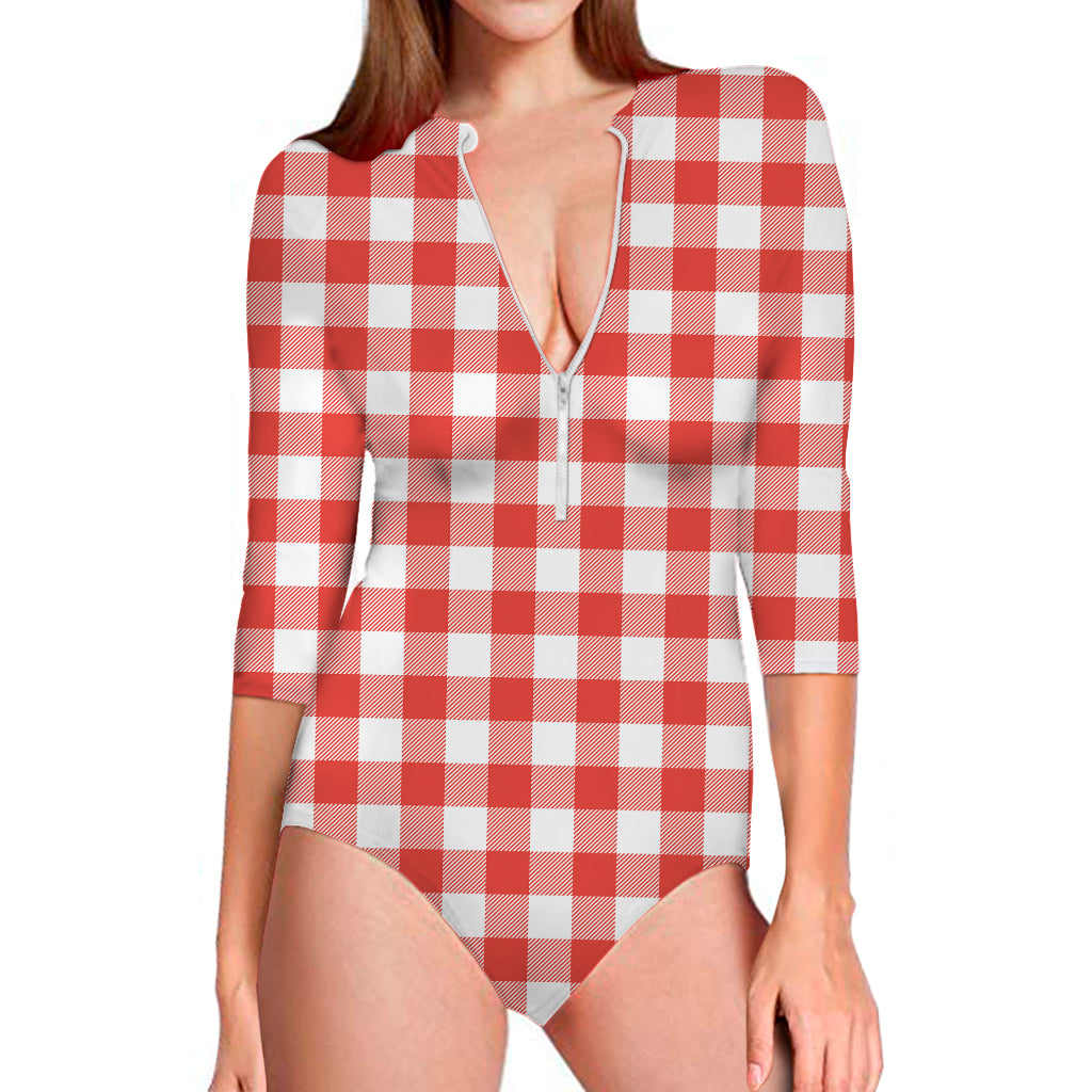 Red And White Buffalo Check Print Long Sleeve One Piece Swimsuit