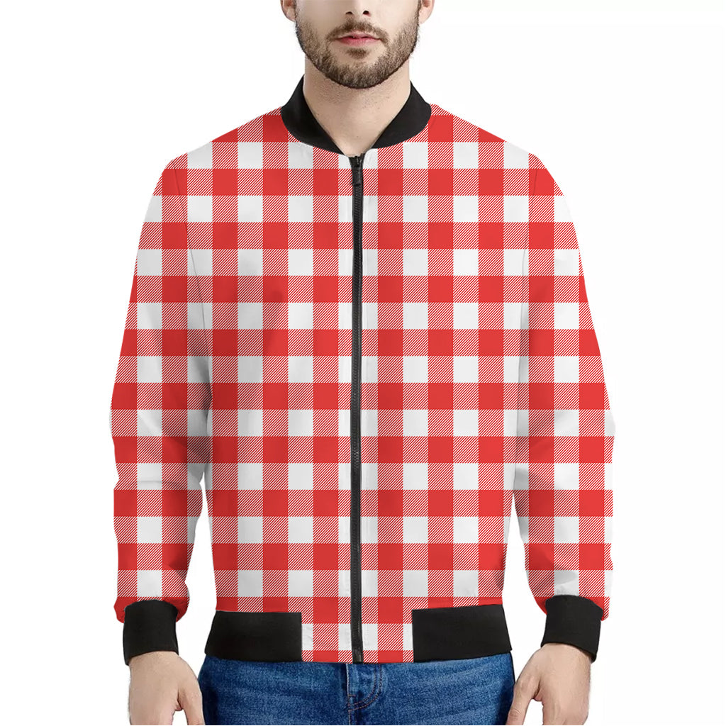 Red And White Buffalo Check Print Men's Bomber Jacket