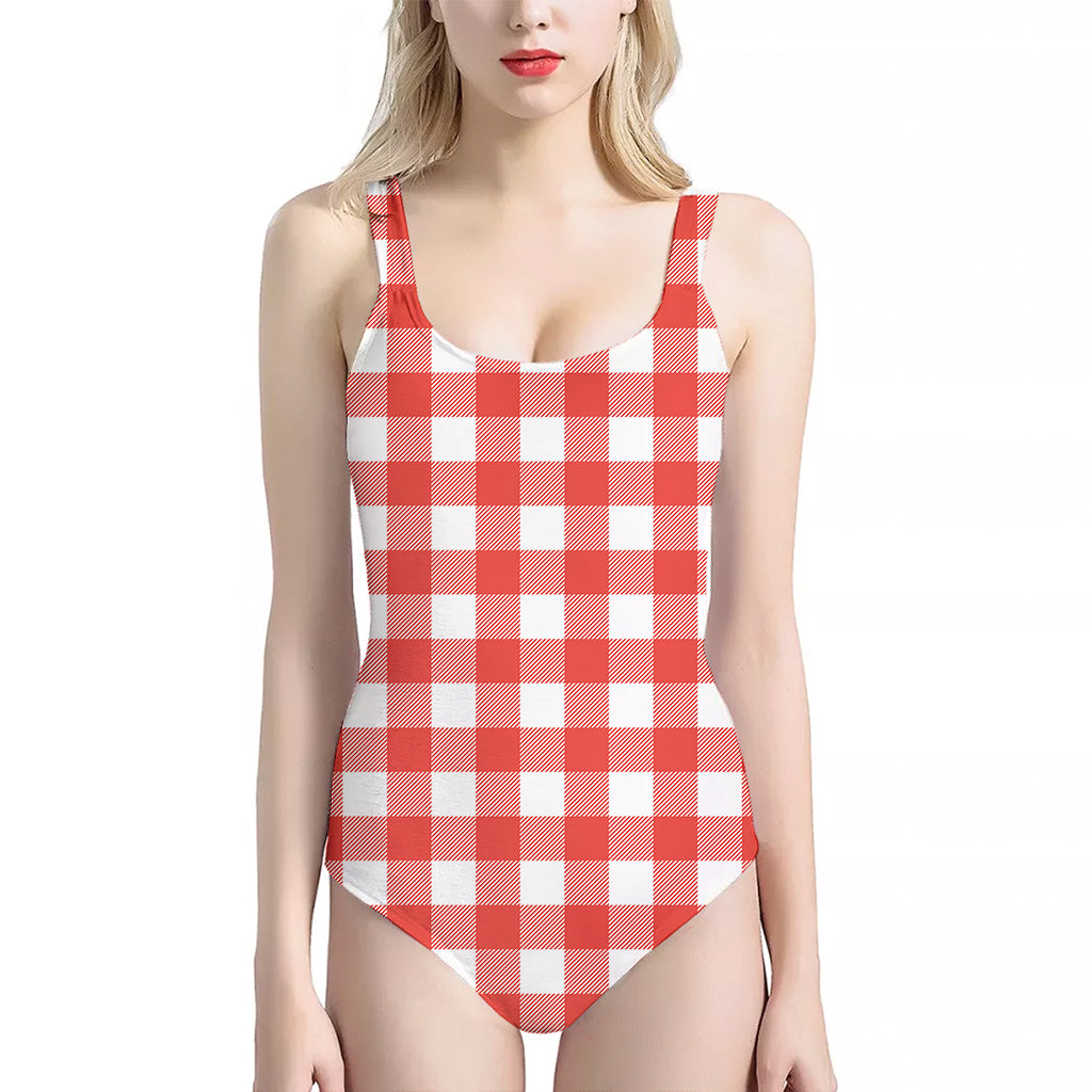 Red And White Buffalo Check Print One Piece Halter Neck Swimsuit