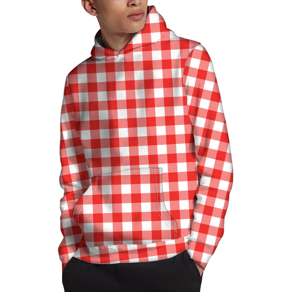 Red And White Buffalo Check Print Pullover Hoodie