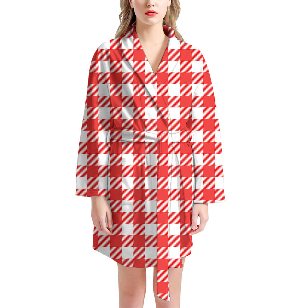 Red And White Buffalo Check Print Women's Bathrobe