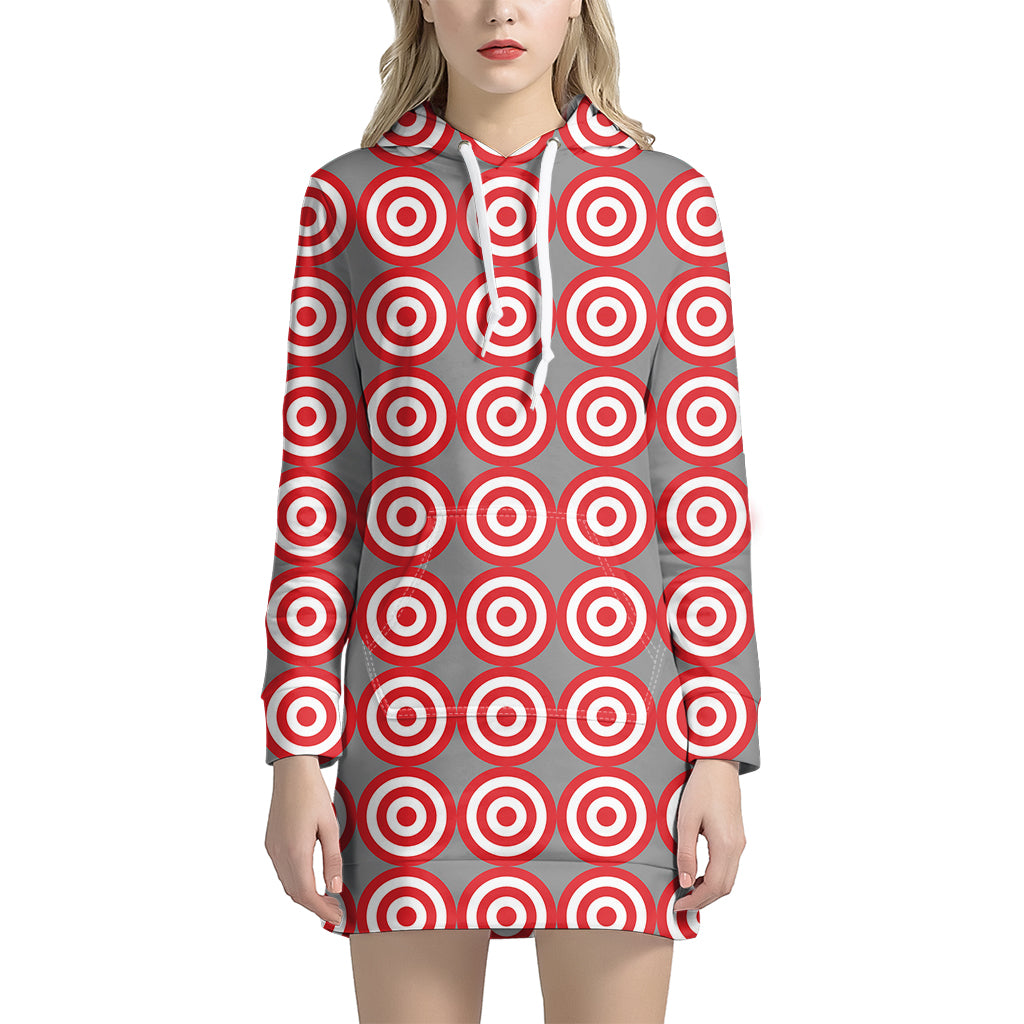 Red And White Bullseye Target Print Women's Pullover Hoodie Dress