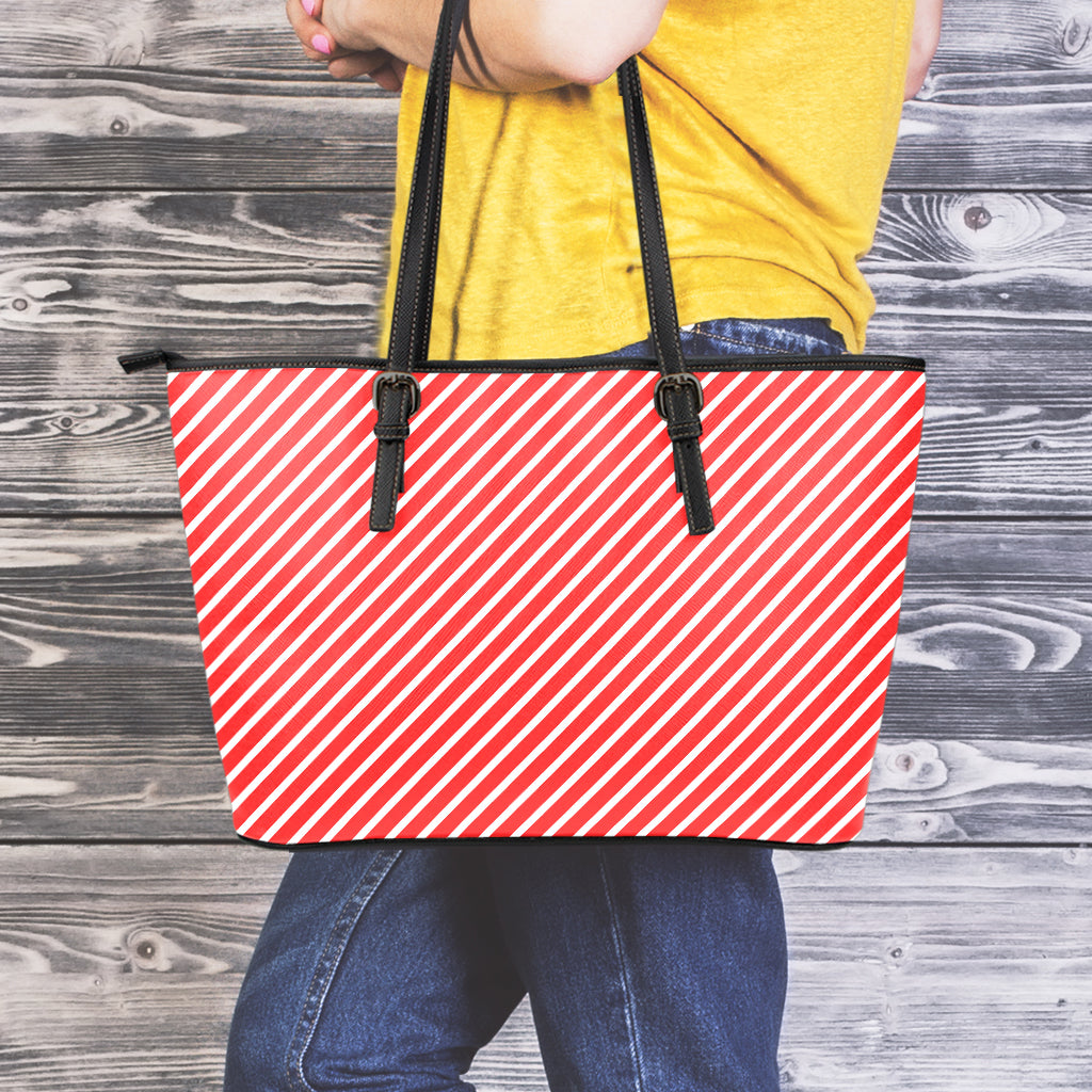 Red And White Candy Cane Pattern Print Leather Tote Bag