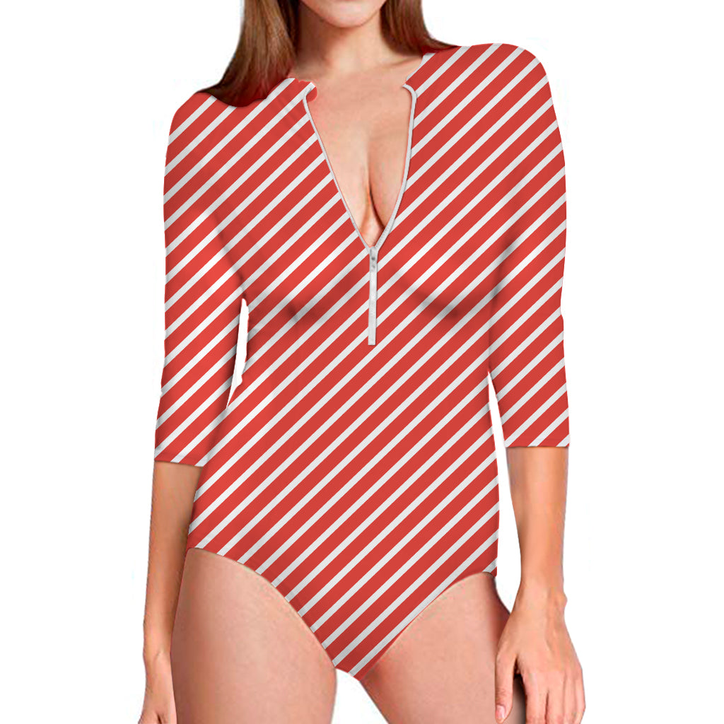 Red And White Candy Cane Pattern Print Long Sleeve One Piece Swimsuit