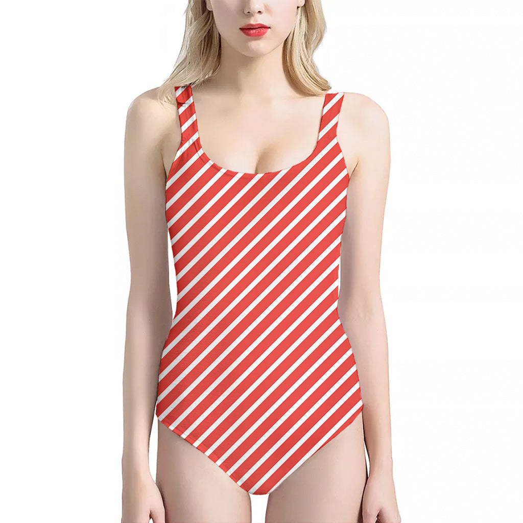 Red And White Candy Cane Pattern Print One Piece Halter Neck Swimsuit