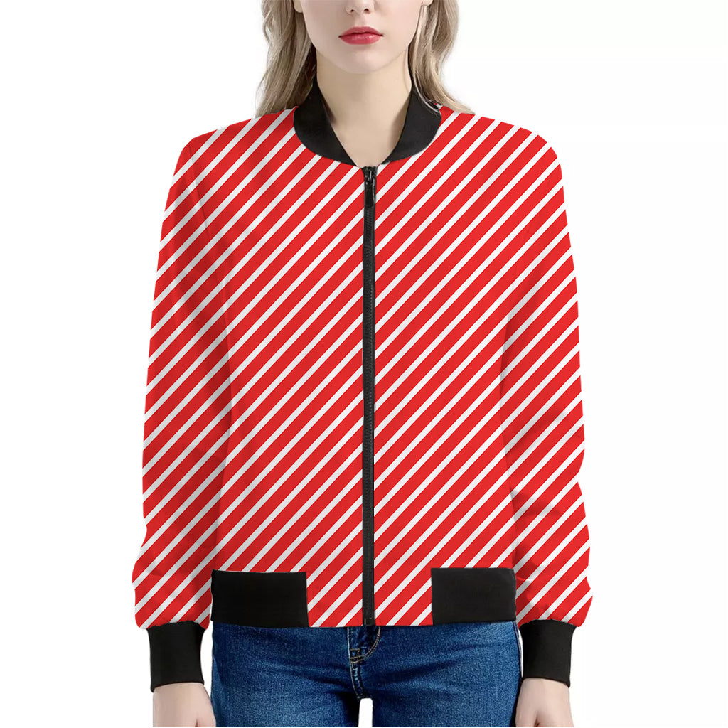 Red And White Candy Cane Pattern Print Women's Bomber Jacket