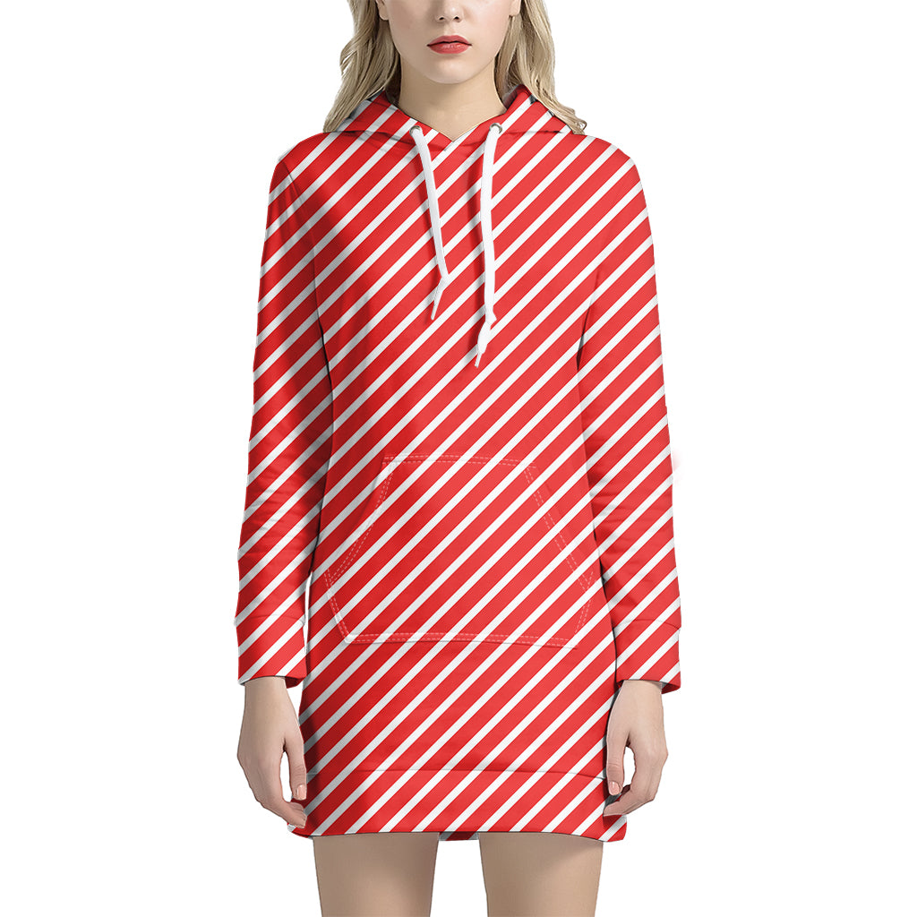 Red And White Candy Cane Pattern Print Women's Pullover Hoodie Dress