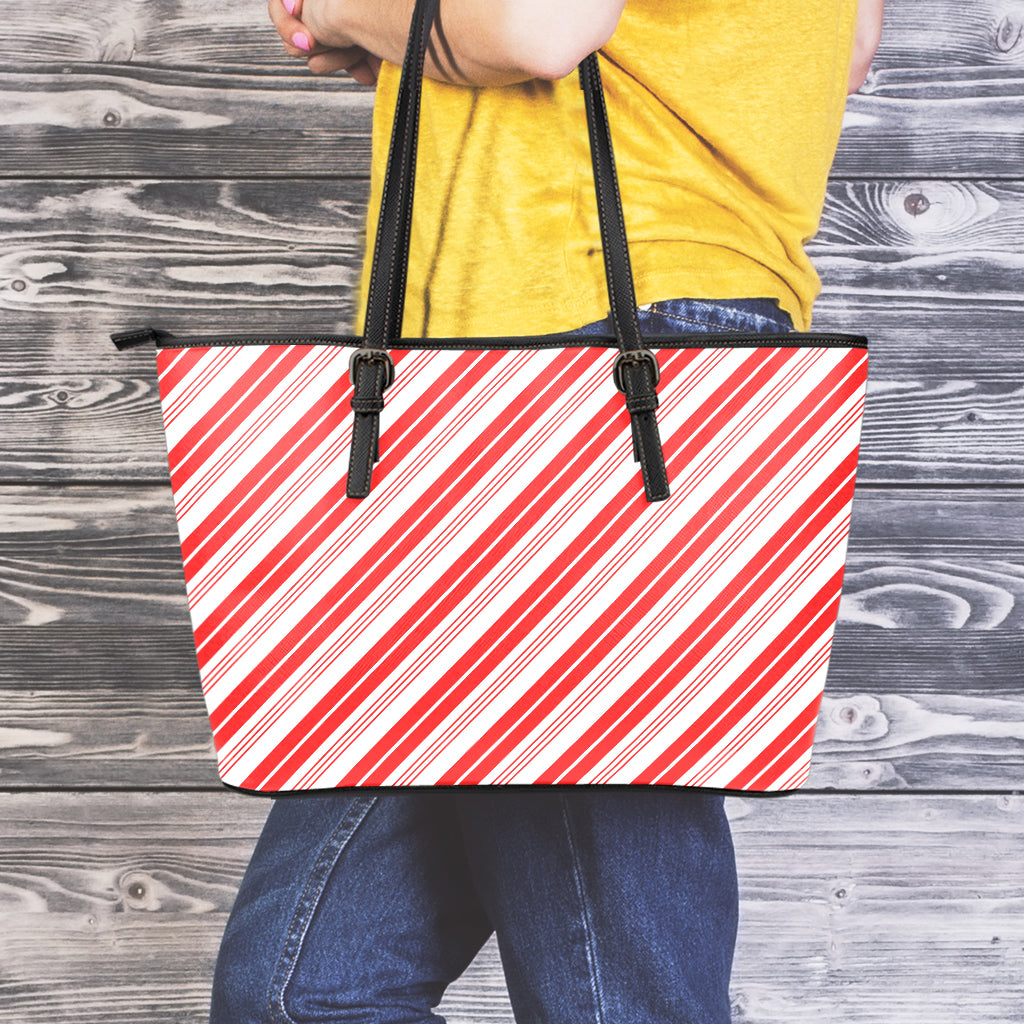 Red And White Candy Cane Stripe Print Leather Tote Bag