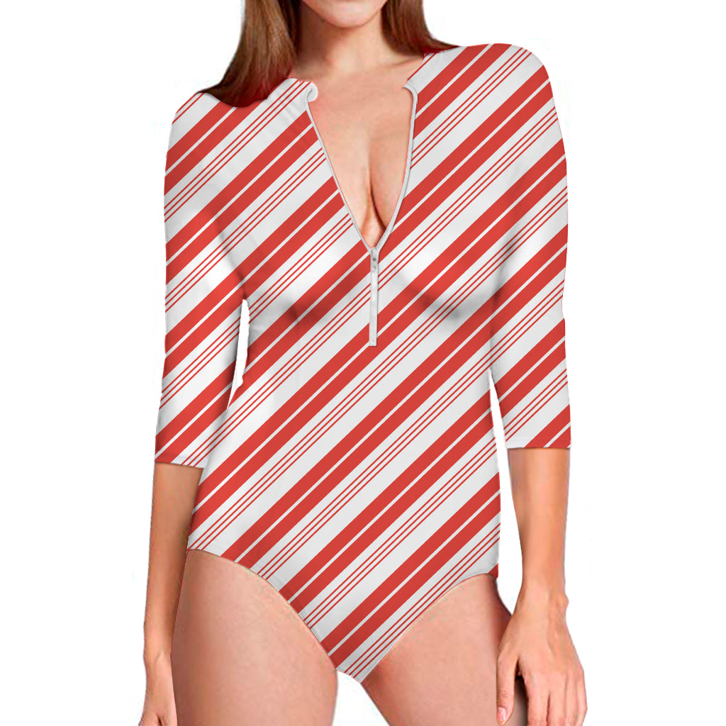 Red And White Candy Cane Stripe Print Long Sleeve One Piece Swimsuit