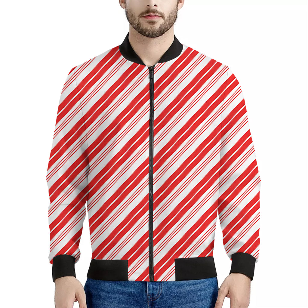 Red And White Candy Cane Stripe Print Men's Bomber Jacket