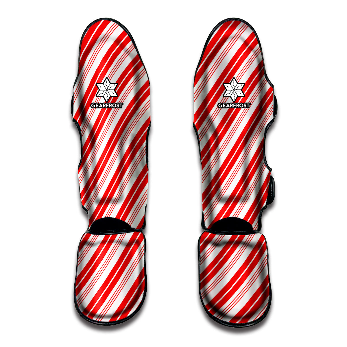 Red And White Candy Cane Stripe Print Muay Thai Shin Guards