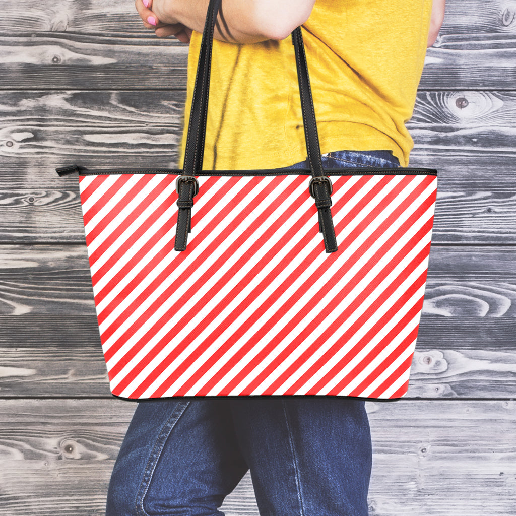 Red And White Candy Cane Striped Print Leather Tote Bag