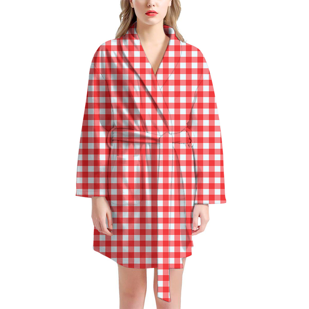 Red And White Check Pattern Print Women's Bathrobe