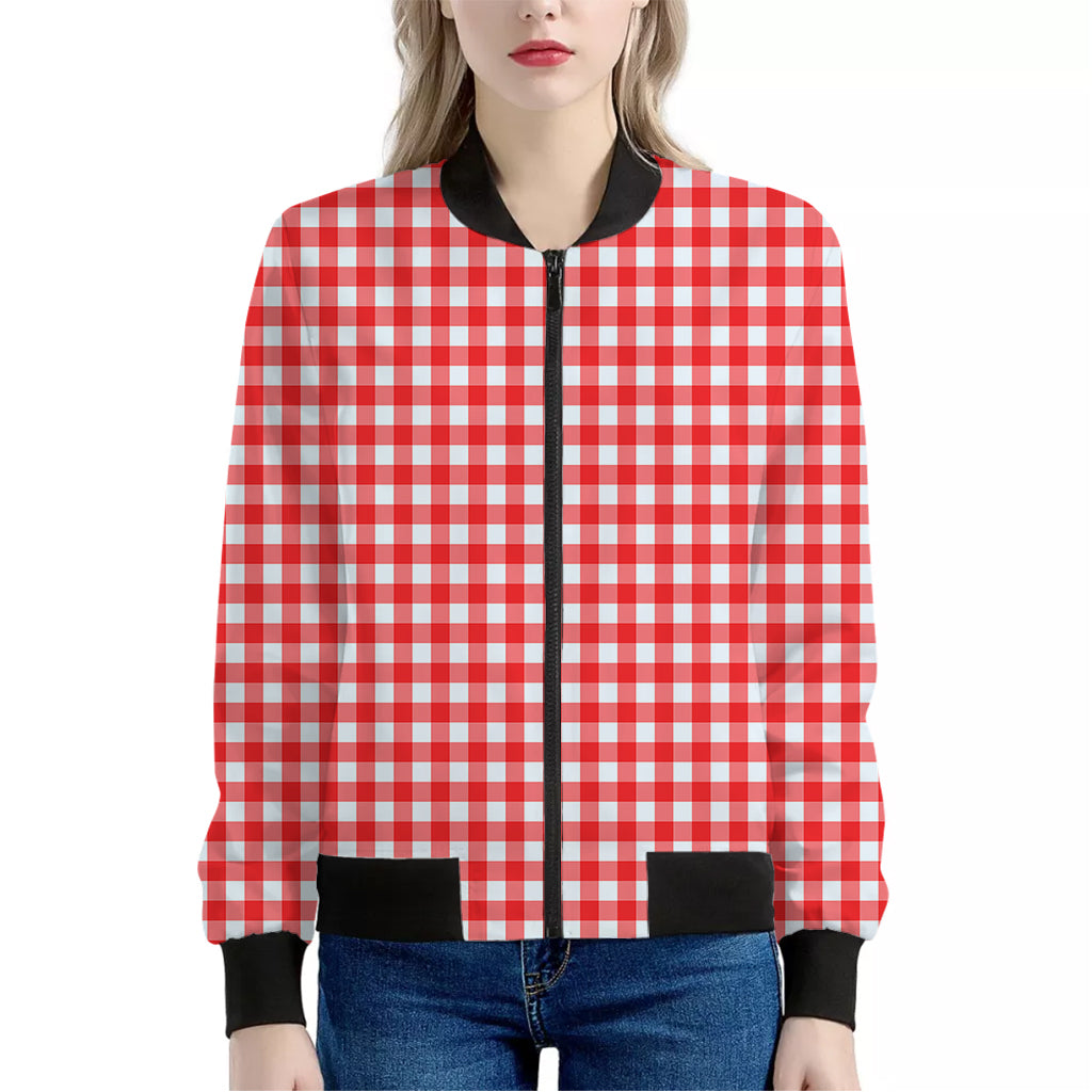 Red And White Check Pattern Print Women's Bomber Jacket