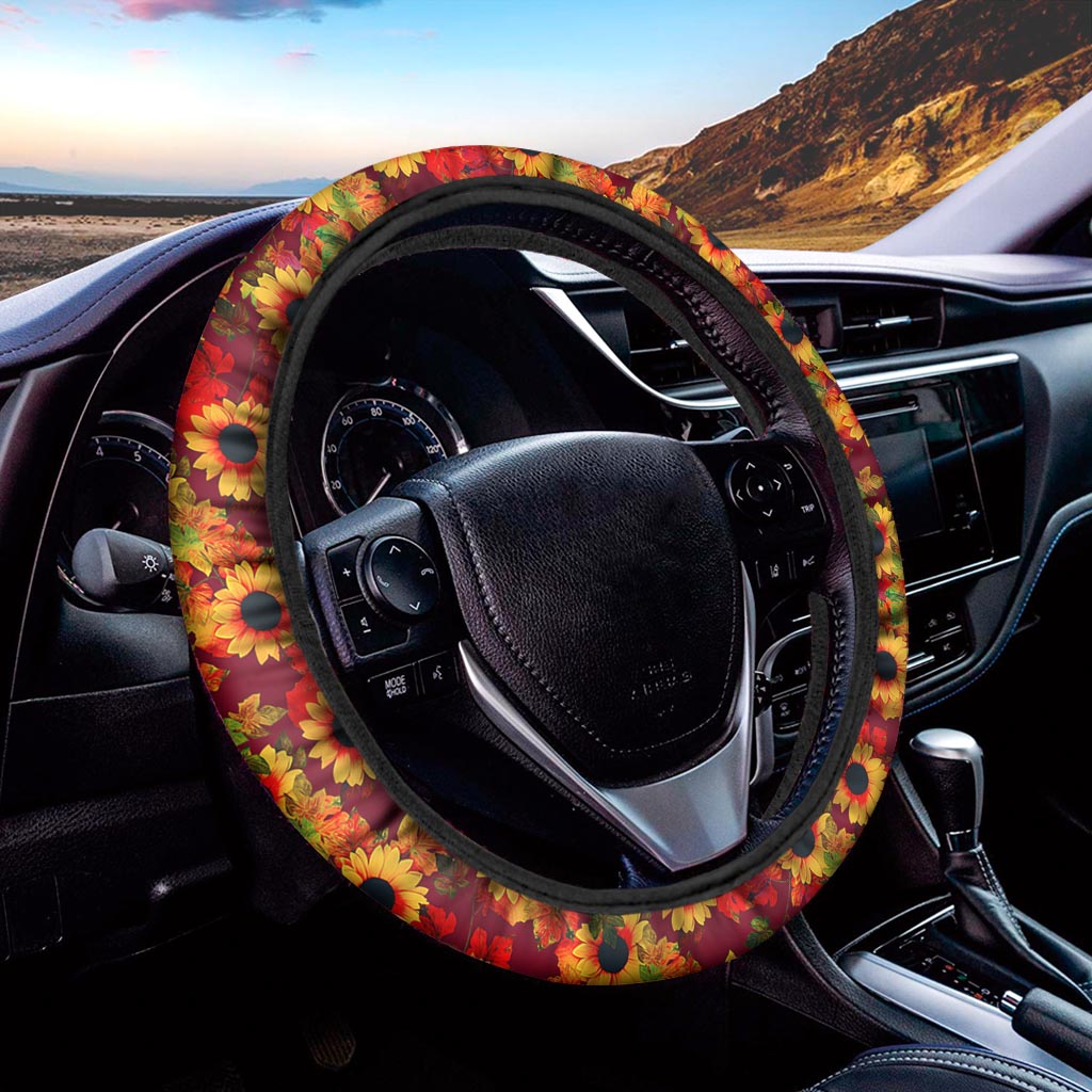 Red Autumn Sunflower Pattern Print Car Steering Wheel Cover