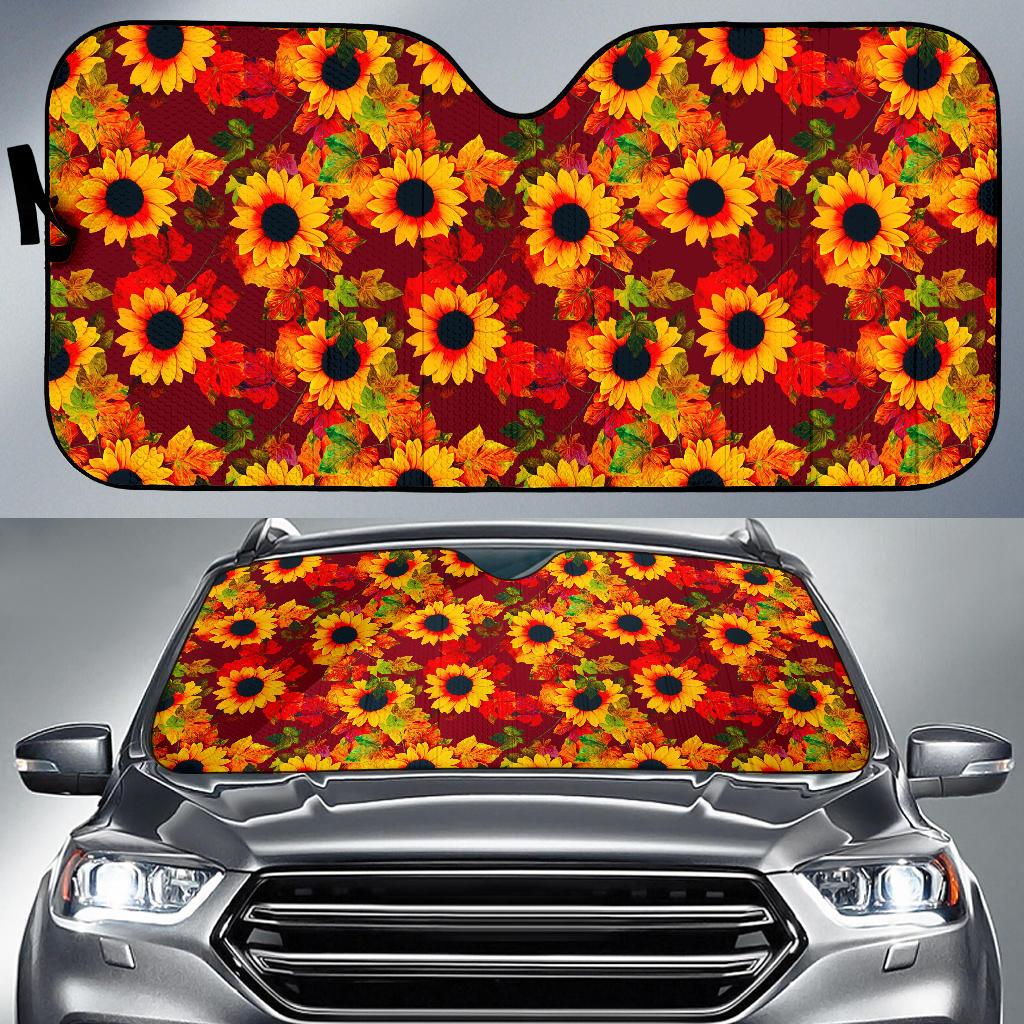 Red Autumn Sunflower Pattern Print Car Sun Shade