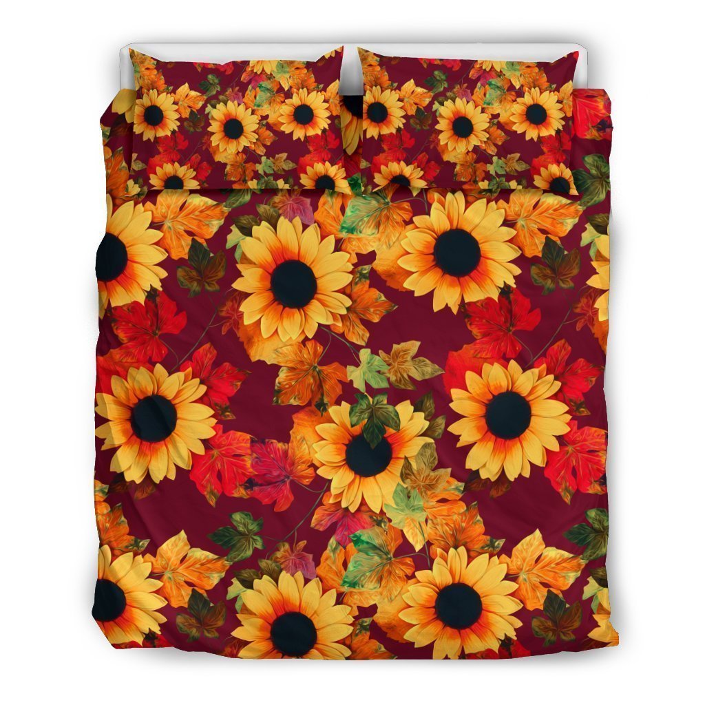 Red Autumn Sunflower Pattern Print Duvet Cover Bedding Set