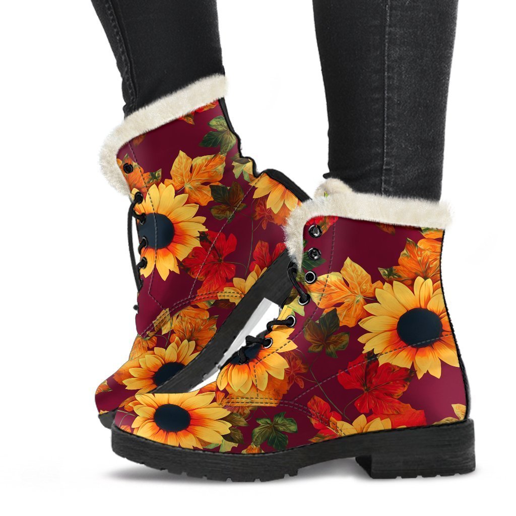 Red Autumn Sunflower Pattern Print Faux Fur Leather Boots