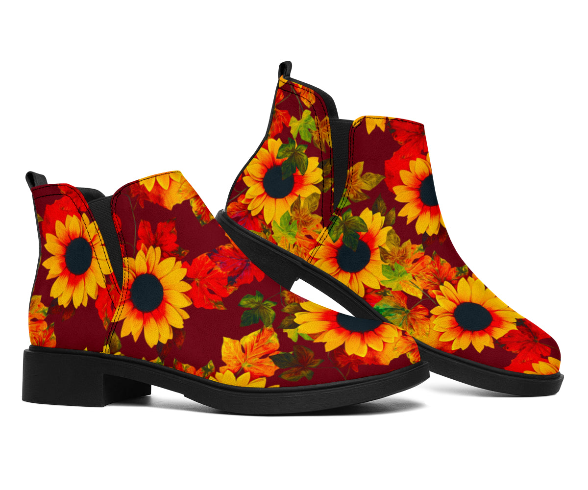 Red Autumn Sunflower Pattern Print Flat Ankle Boots