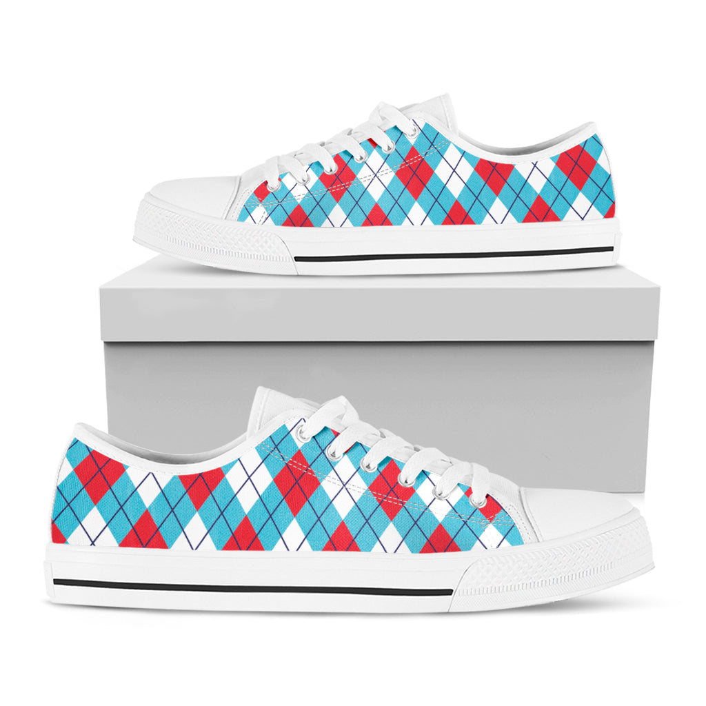 Red Blue And White Argyle Pattern Print White Low Top Shoes