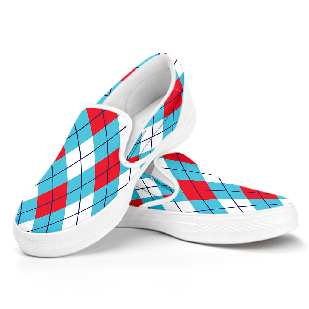 Red Blue And White Argyle Pattern Print White Slip On Shoes