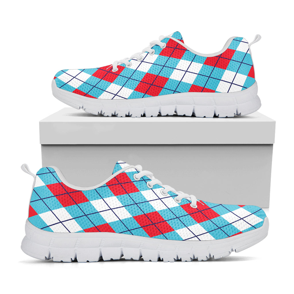 Red Blue And White Argyle Pattern Print White Sneakers