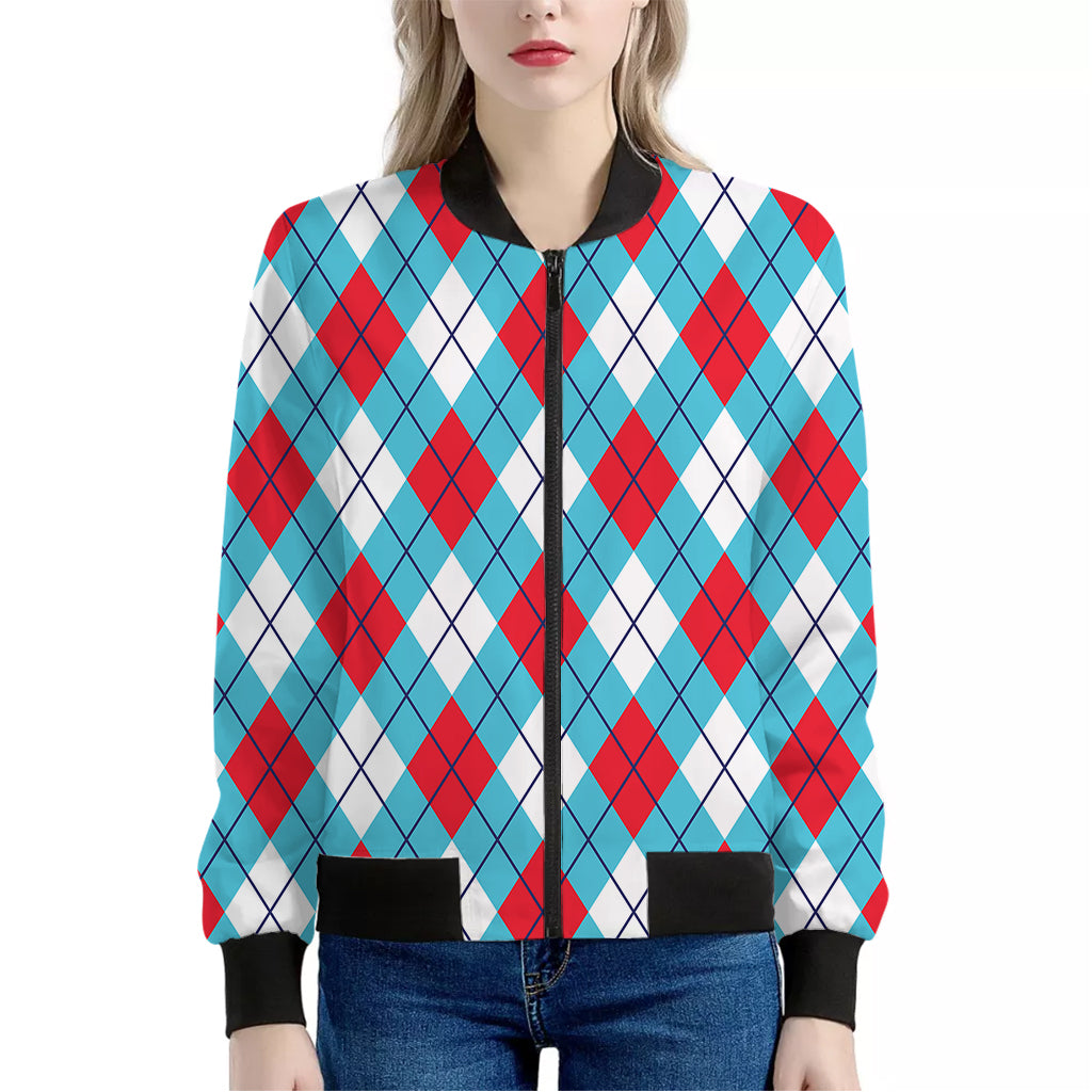 Red Blue And White Argyle Pattern Print Women's Bomber Jacket