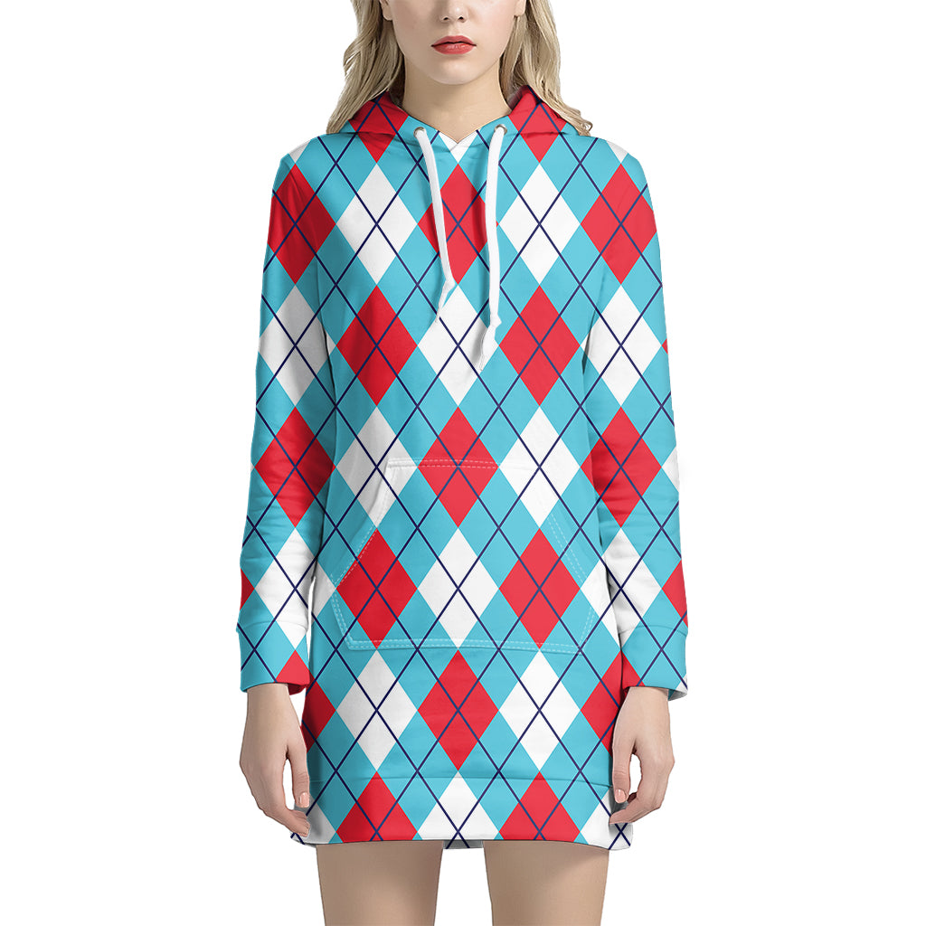 Red Blue And White Argyle Pattern Print Women's Pullover Hoodie Dress